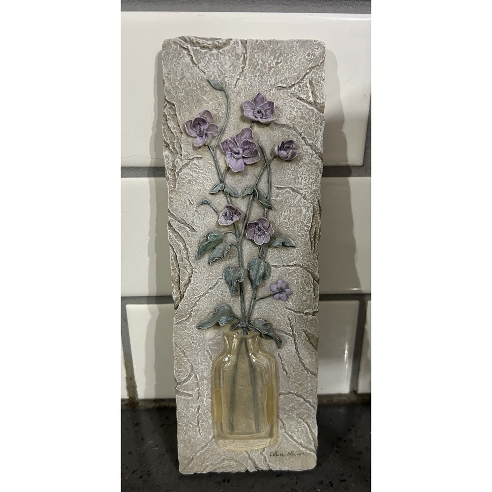 Vtg Cheri Blum 3D Tile Wall Art Hanging Plaque‎ Flower In Vase Floral Decor